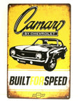 The Tin Wall Metal Garage Sign for Mancave Camaro By Chevrolet Built for Speed