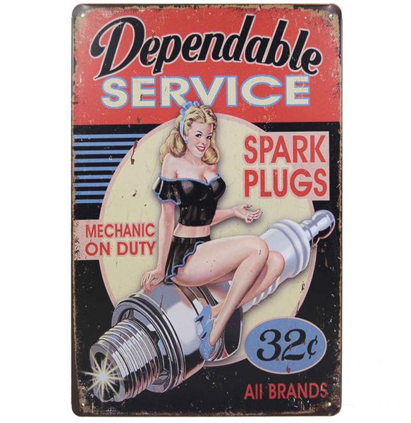 The Tin Wall Metal Garage Sign for Mancave Dependable Service Spark Plugs Pin Up Girl