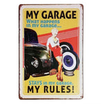 The Tin Wall Metal Garage Sign for Mancave What Happens in My Garage Blonde Pin Up