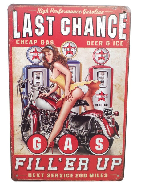 The Tin Wall Metal Garage Sign for Mancave Last Chance Gas Fill'er Up Pin Up Girl