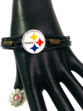 NFL Fashion Snap Pittsburgh Steelers Logo Leather Bracelet  With 2 Charms For Football Fans