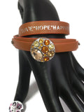 Sepia Brown Love Hope Happiness Fashion Snap Jewelry Wrap Around Leather Bracelet Set With 2 Charms