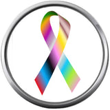 Rainbow Ribbon All Cancer Awareness Support For A Cure For All Pendant Necklace  W/2 18MM - 20MM Snap Charms