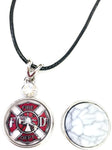 Fire Rescue Fire Department Shield Firefighter Thin Red Line Snap on 18" Leather Rope Diamond Pendant Necklace W/ Extra 18MM - 20MM Snap Charm