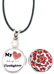 My Heart Belongs To A Firefighter Thin Red Line Snap on 18" Leather Rope Diamond Pendant Necklace W/ Extra 18MM - 20MM Snap Charm