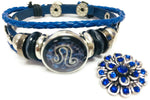 Horoscope Zodiac Leo Sign Snap Blue Leather Bracelet  With Bonus Extra 18MM - 20MM Charm