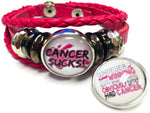 Cancer Sucks Breast Awareness Hope For Cure Pink Rope Leather Bracelet With 2 18MM - 20MM Snap Jewelry Charms