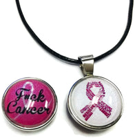 F#ck Cancer Survivor Ribbon Breast Cancer Awareness Support Cure For All Pendant Necklace  W/2 18MM - 20MM Snap Charms