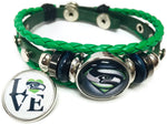 NFL Football Fan Seattle Seahawks On Green Leather Bracelet W/ Love and Superman Burst Snap Charms