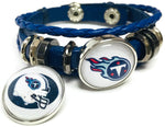 NFL Football Fan Tennessee Titans Blue Leather Bracelet W/ Logo And Helmet 18MM - 20MM Snap Charms