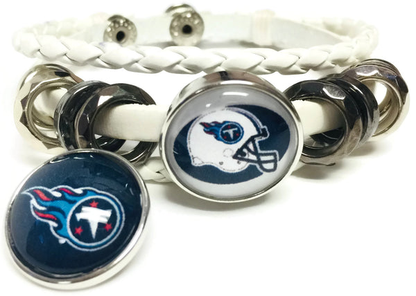 NFL Football Fan Tennessee Titans White Leather Bracelet w/ Circle Logo & Blue Helmet 18mm - 20mm Snap Charms