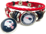 NFL Football Fan New England Patriots Red Leather Bracelet W/ Circle Logo & Helmet On Blue 18MM - 20MM Snap Charms