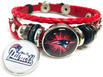 NFL Football Fan New England Patriots Red Leather Bracelet W/ White Logo & Logo Burst 18MM - 20MM Snap Charms