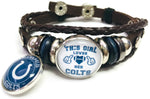 NFL Awesome Blue Horseshoe & Girl Loves Her Indianapolis Colts Bracelet Brown Leather Football Fan W/2 18MM - 20MM Snap Charms