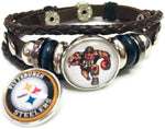 NFL Pittsburgh Steelers Bracelet Game Face & Circle Logo NFL Football Fan Brown Leather  W/2 18MM - 20MM Snap Charms