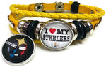 NFL Pittsburgh Steelers Bracelet Love & Cool Black Logo NFL Football Fan Yellow Leather  W/2 18MM - 20MM Snap Charms