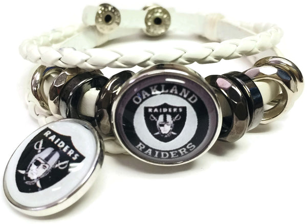 NFL Oakland Raiders White Leather Bracelet W/2 Shield Circle Logo Snap Jewelry Charms New Item