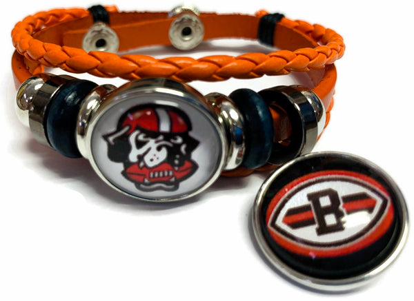 NFL Cleveland Browns Orange Leather Bracelet W/2 Football Logo Dawg Pound Snap Jewelry Charms New Item