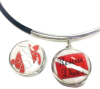 SCUBA Rescue Diver and Turtle on Dive Flag 18" Necklace with Extra 18MM - 20 MM Snap Jewelry Charm